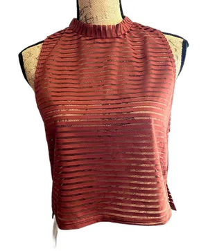 Onzie‎ Edge Mesh Stripe Crop Tank Rust Orange Mock Neck Athleisure Size Medium thumbnail 1