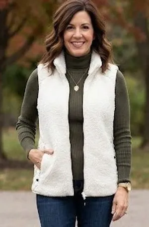 Talbots Womens Cream White Sherpa Fleece Quilted Trim Full Zip Vest Size M Soft thumbnail 1