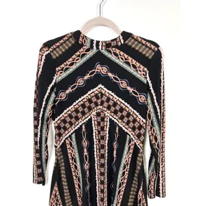 Free People Long Sleeve Geometric Print Mini Dress Black Rust‎ Front Zip Size M thumbnail 2