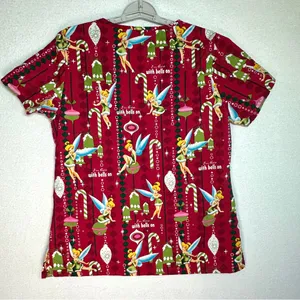 Disney Tinkerbell Holiday Scrub Top S Red Burgundy There With Bells On Christmas thumbnail 3