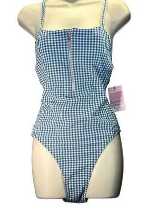 Juicy Couture Seersucker Lined Blue Gingham Zipper Front women sz L thumbnail 1