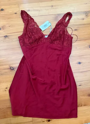 NWT south moon under Georgie Burgundy Lace-Trim Satin slip mini dress thumbnail 1