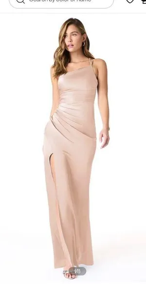 Azazie Eren Mermaid One Shoulder Stretch Satin Floor-Length Dress English Rose thumbnail 3