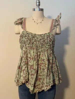 Free People Green Floral Babydoll Top thumbnail 2