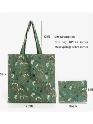 NEW Floral 2 Pk Soft Velvet Tote Bag & Makeup Pouch Reusable Grocery Bag thumbnail 2