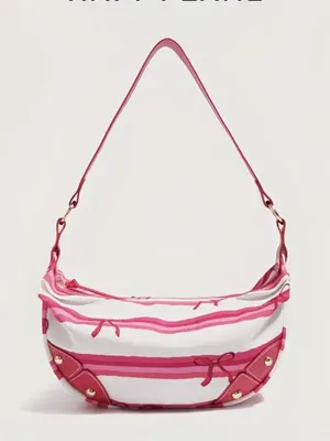 Pink Stripe Coquette Crescent Hobo Shoulder Bag Scarf Print NIP thumbnail 1