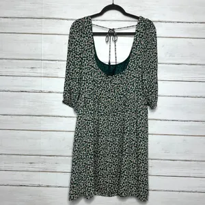 American Eagle Green Floral Babydoll Dress XL Scoop Back Tie Tassels thumbnail 2