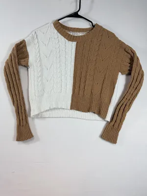 Derek Heart Women’s Small Brown Ivory Colorblock Cable Knit Cropped‎ Sweater thumbnail 2