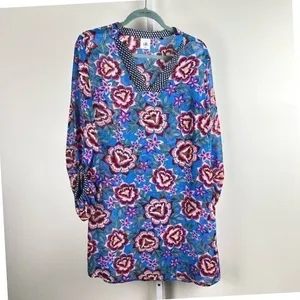 Cabi Floral V-Neck Shift Dress Sheer‎ Sleeve Blue XS 5612 thumbnail 2