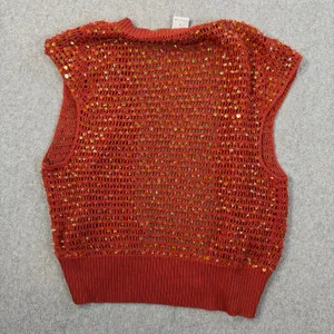 Necessary Objects Women's S Rust Orange Sequin 100% Silk Open Knit Cardigan Vest thumbnail 7