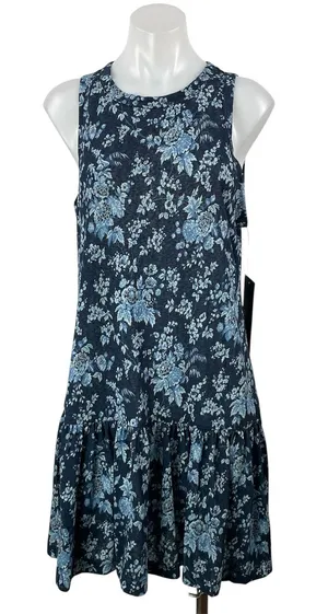 NEW Tuckernuck Blue Floral Sleeveless Ruffle Drop Waist Tank Mini Dress Size M thumbnail 1