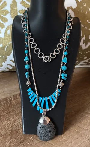 Silver Tone Faux Turquoise And Faux Charcoal Stone Necklaces, 3 thumbnail 1