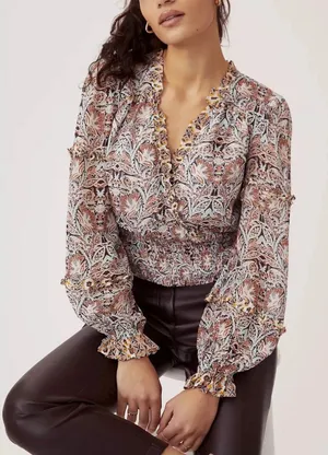 Anthropologie Paisley Smocked Waist Ruffle‎ Blouse Medium OB1487981 Multicolor thumbnail 1