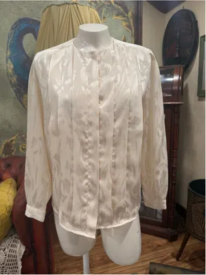 Vintage 80s 90s Axiom Cream Jacquard Pleated Blouse 8P thumbnail 4