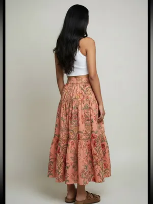 NWT Floral Tiered Maxi Skirt in Peach with Contrast Belt thumbnail 4
