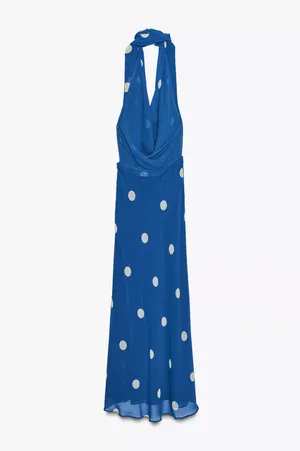 Zara Blue Polka Dot Halter Dress scarf open back maxi long evening party wedding thumbnail 9