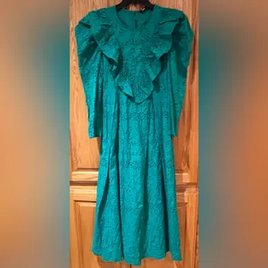 ZARA Broderie‎ Anglaise Cutwork Embroidered Eyelet Ruffle Midi Dress Green Sz XS thumbnail 13