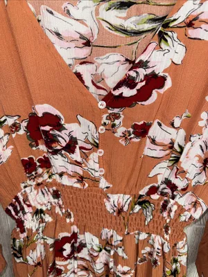 Rust Floral V-Neck Smocked Midi Dress thumbnail 3
