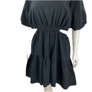 Madewell Seersucker Back Cutout Summer Dress Button Back Puff Sleeve Black‎ L thumbnail 12