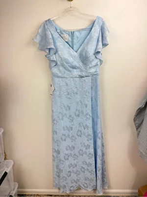Azazie Slate Blue Floral Jacquard Maxi Flutter Sleeves High Slit Dress Size 10 thumbnail 2
