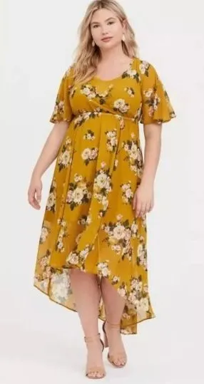 Torrid Floral Chiffon High Low Maxi Dress Flutter Sleeve Gold Size 1 1X No Slip thumbnail 1