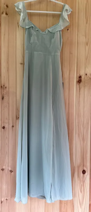 NWT Lulus Sweetest Entrance Sage Green Ruffled Tie-Back Maxi Dress Wedding Sz S thumbnail 1