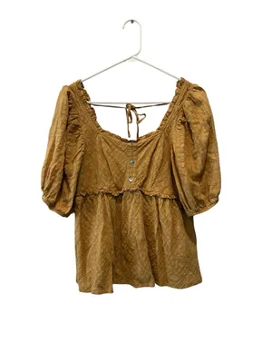 Mustard Peplum Crop Peasant Blouse with Puff Sleeves thumbnail 3