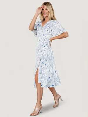 NWT Baltic Born Amelie Midi Wrap Dress Floral Blue and White Print Flowy thumbnail 13