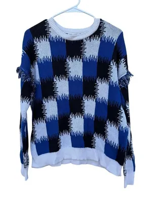 Cato Blue White Checkered Frayed Scoop Neck Sweater Size Large thumbnail 1