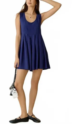 Urban Outfitters UO Popover Pleated Babydoll Mini Dress Navy Small thumbnail 1