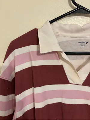 Old Navy Active Rugby Polo Shirt XL Pink Burgundy Striped Long Sleeve thumbnail 6