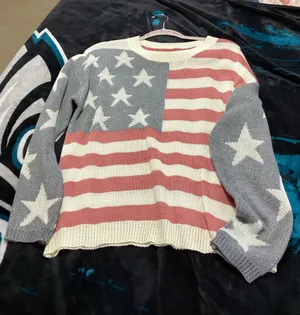 SHEIN Women's Flag-Print Crewneck Sweater in Red, White & Gray thumbnail 1