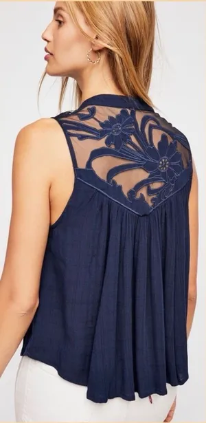 Free People Navy Floral Embroidered Sheer Yoke Tank thumbnail 1