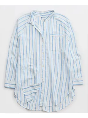 Aerie Pool-To-Party Linen Blend Cover Up Shirt Button Up Blue Stripe Medium thumbnail 1
