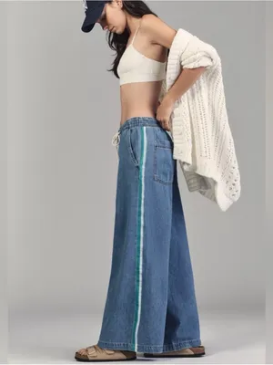 Pilcro Anthropologie The Surfer Drawstring Wide Leg Side Stripe Jean Denim S thumbnail 10