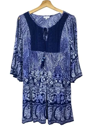 Patrons Of Peace Boho Floral Cold Shoulder Flare Sleeve Mini Dress‎ XS Crochet thumbnail 1