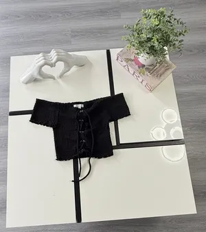 Love Tree Black Smocked Off-the-Shoulder Lace-Up Crop Top - Size M thumbnail 3