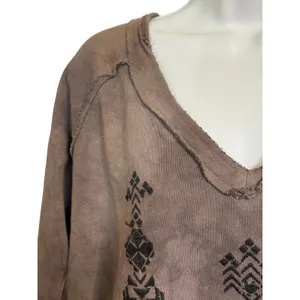 FREE PEOPLE Brown Embroidered V-Neck Boho Top Raw Edge Long‎ Sleeve XS thumbnail 3