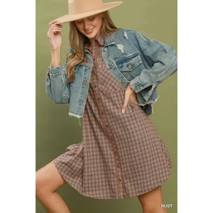 Umgee Plaid Button Down Oversized Shirt Dress - Rust - Medium thumbnail 4