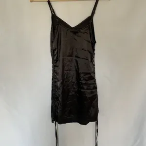 Women's silky black lingerie chemise‎ dress spaghetti straps lace up sides thumbnail 6