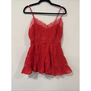 Free People Selia Slip Racing Red V Neck Tiered Lace Straps Size Small 2465 thumbnail 4