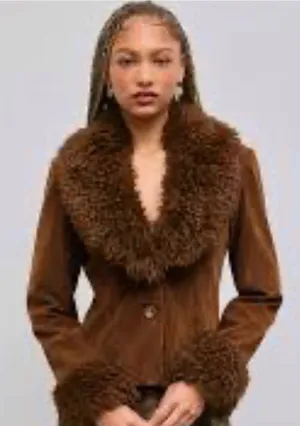 CIDER Brown Faux Suede Penny Lane Jacket - Size Large (EUC, Detachable Fur) thumbnail 1