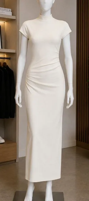 Zara Women Midi Dress White Ruched Mock Neck Cap Sleeve Medium thumbnail 1
