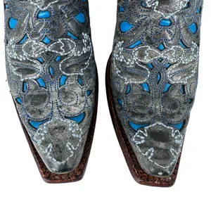 CORRAL Snip Toe Boots Blue‎ Gray Inlay Cowboy Angel Wing & Dove Size 6.5M thumbnail 4