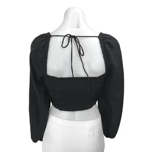 Urban Outfitters Black Long Sleeve Ruched Tie Square Neck Blouse Crop Top Size M thumbnail 2