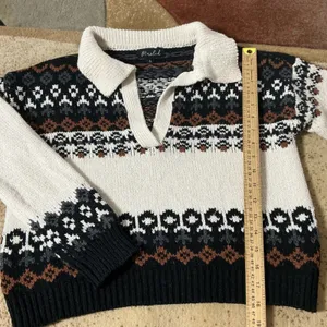 Marled Fair Isle Polo Sweater Women Size S White Black Brown Knit V-Neck Slv thumbnail 2