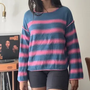 Blue and Pink Striped Slouchy Knit Sweater Boat Neck Large thumbnail 2