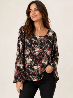 LOFT Black Floral Bell Sleeve Blouse Size M thumbnail 3