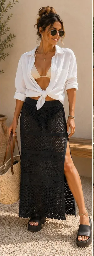 Aerie Crochet Pointelle Knit Maxi Skirt Charcoal Gray Side Slit Swim Cover Med thumbnail 1