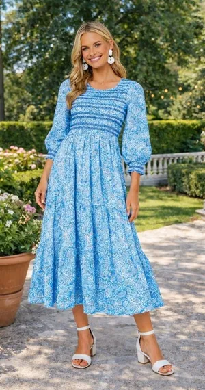 NWT Pink City Prints Isabel Dress XS Ornate Sky Blue Cotton Smocked Midi thumbnail 1